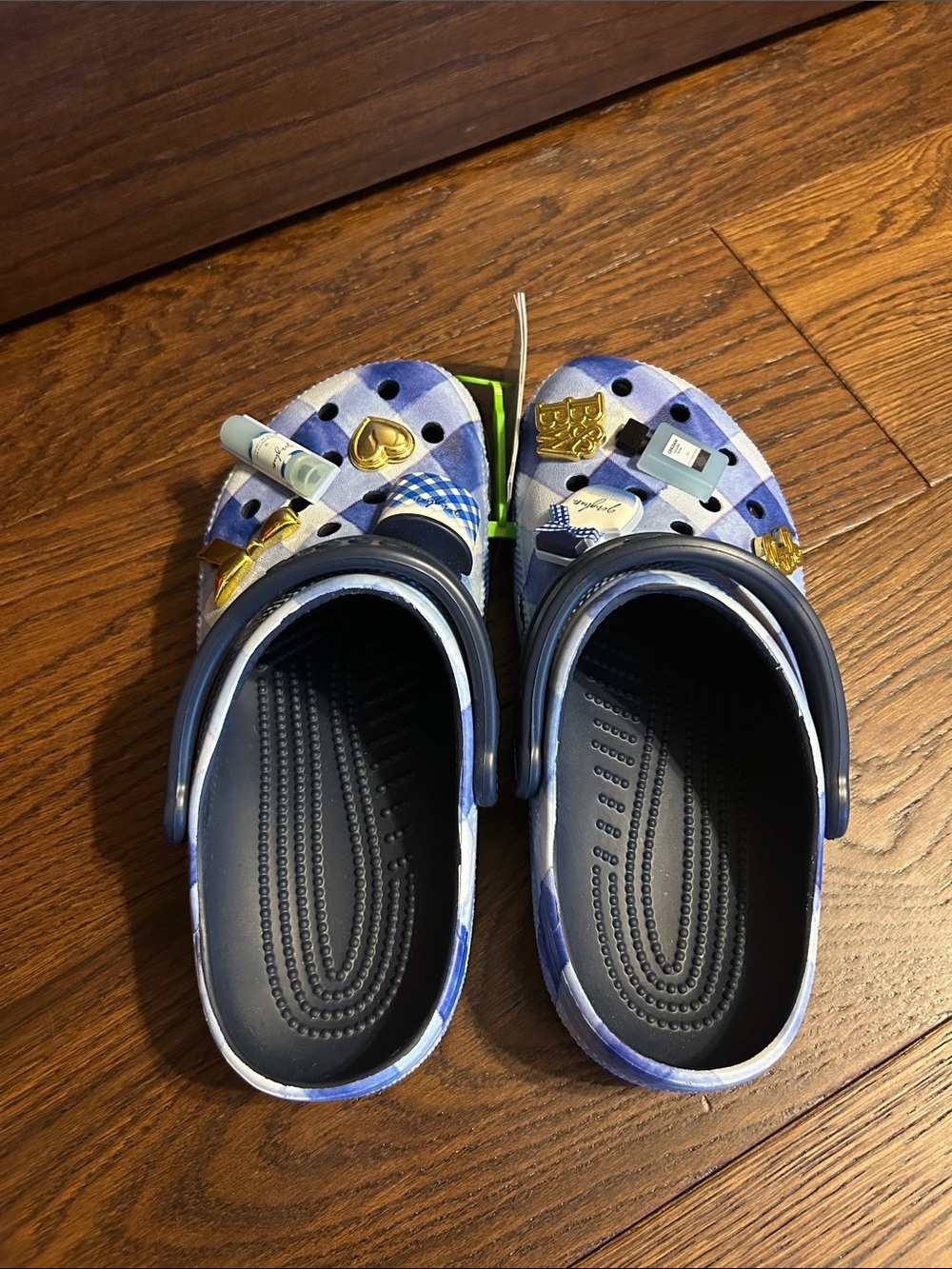CROCS Women’s Blue Plaid Clogs with Charms - Picture 3 of 5